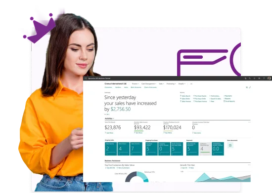 Dynamics 365 Business Central dashboard with sales KPIs and royalty insights alongside RoyaltyCentral