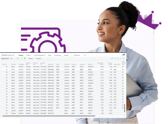 Royalty ledger entries showing automated, line-level royalty calculations in RoyaltyCentral