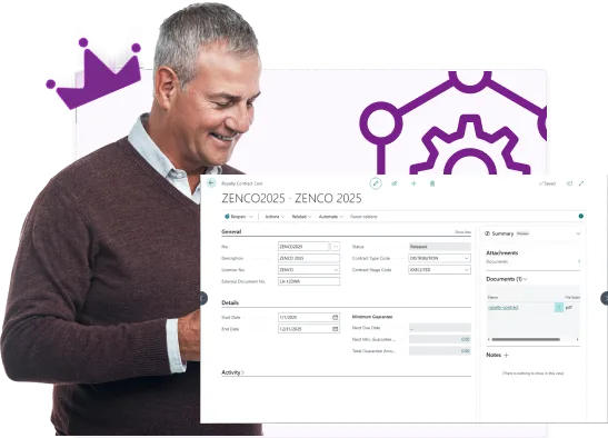 Royalty contract card with terms and payee details in RoyaltyCentral for Dynamics 365 Business Central